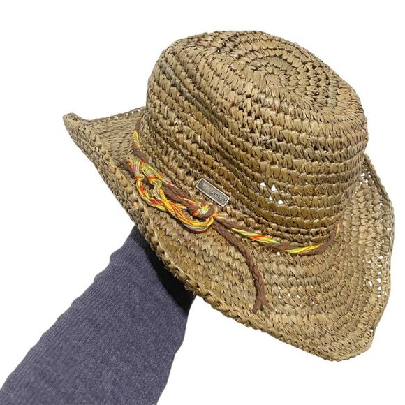 ROXY Brown Straw Sun Beach Festival Hat with Braided Colorful Band S / M Cowgirl - Picture 2 of 7